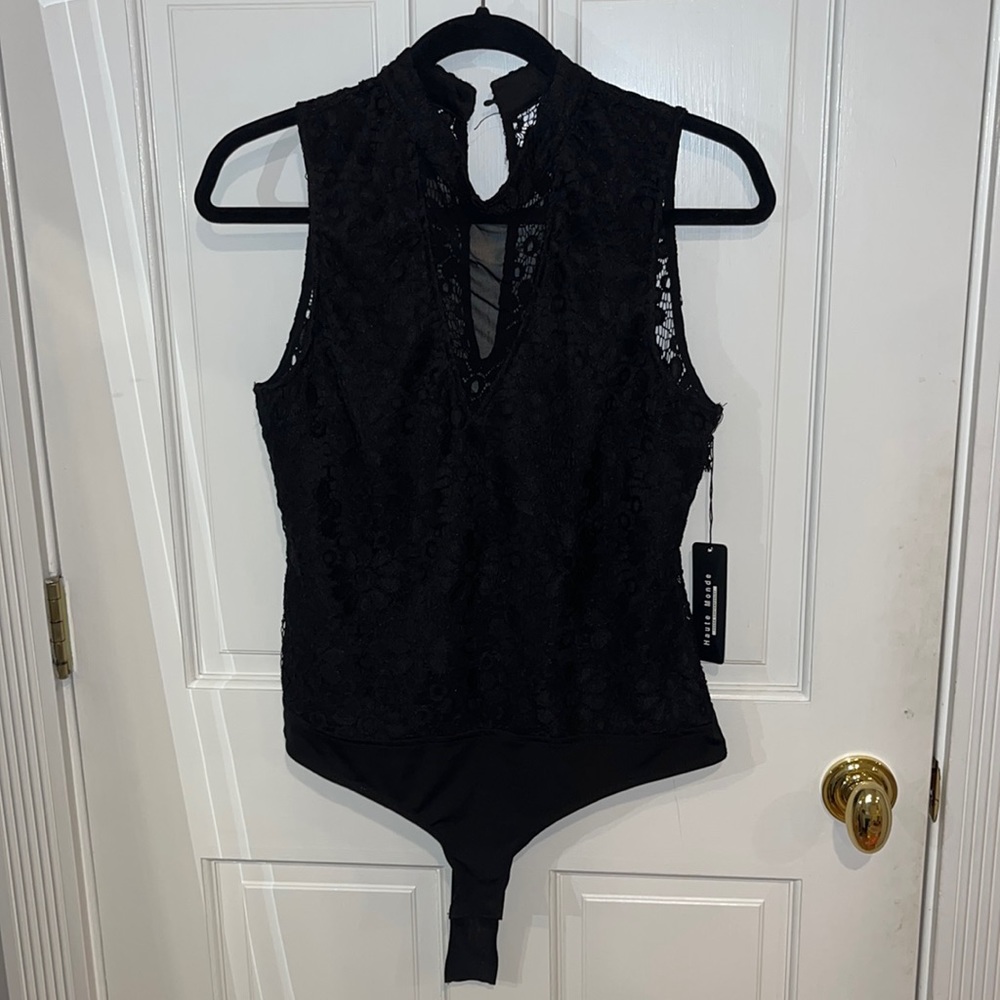 Black body suit with mesh cut out
